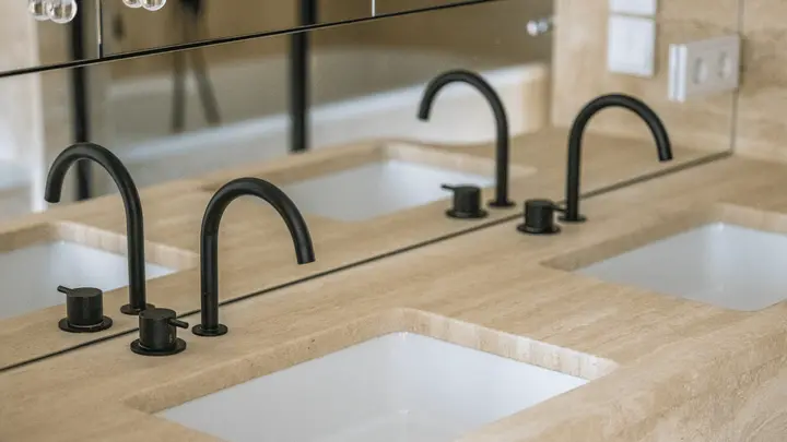 Doppelwaschtisch aus Naturstein mit schwarzen Armaturen, Home Staging im Architektenbad