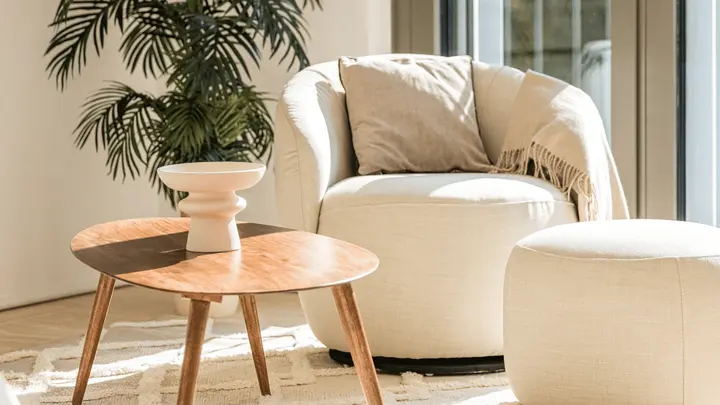Bouclé-Sessel mit rundem Couchtisch und Pflanze, Home Staging Architektur